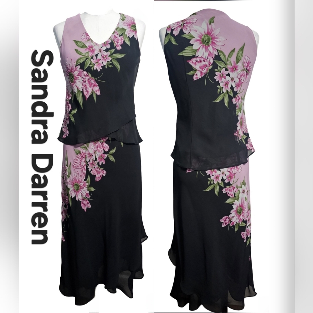 Sandra Darren 2-Piece Set Black With Floral Pattern Barbiecore Sz 6P